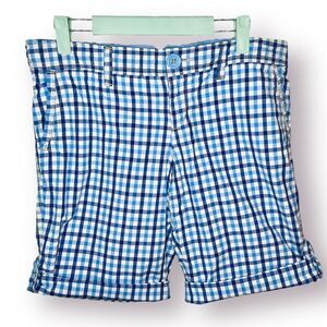 American Eagle Outfitters White Blue Plaid Roll Tab Bermuda Cotton Shorts Size 8